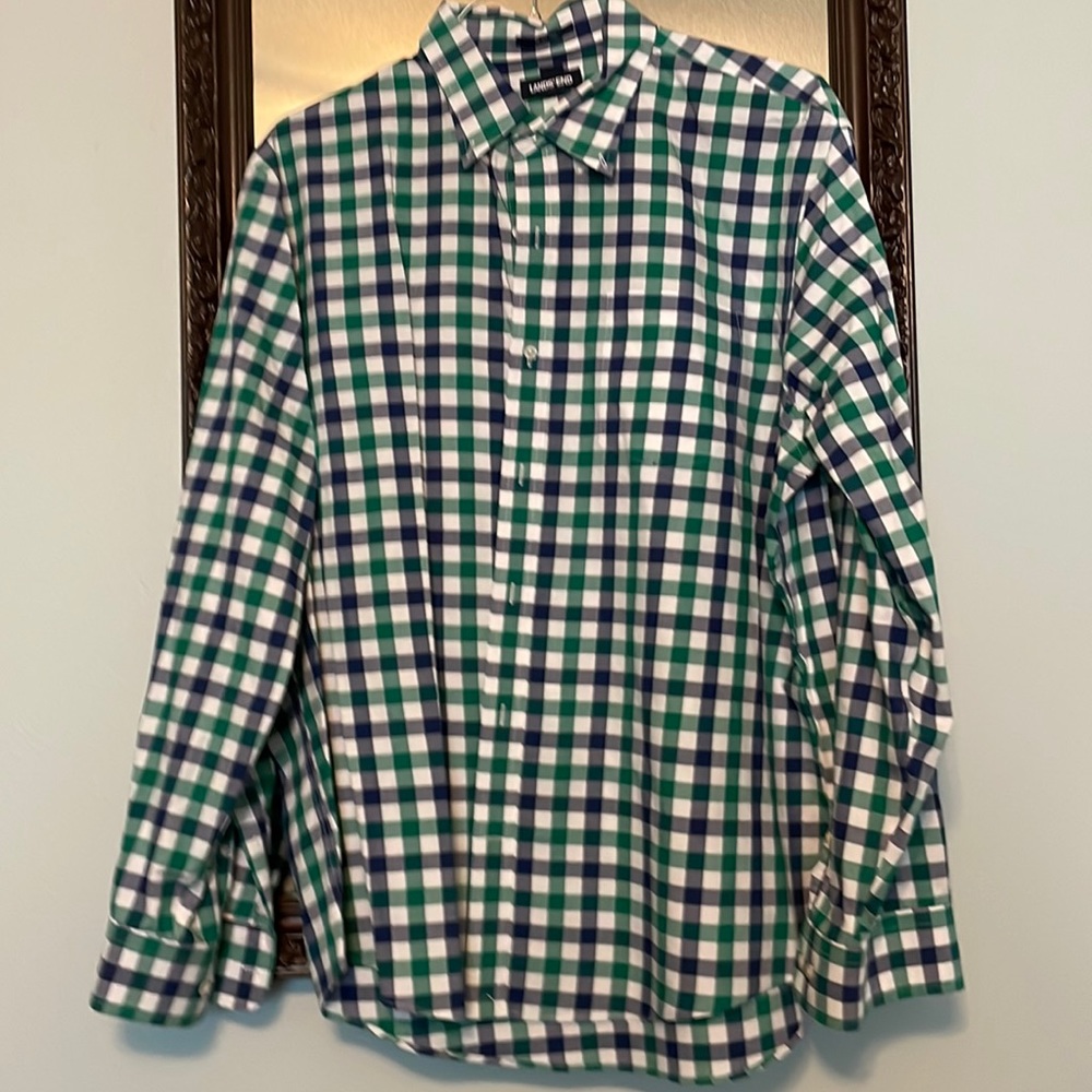 Lands’ End No Iron Twill Green, Blue and White Shirt Traditional Fit 17-17 1/2